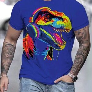 Men’s Blue  Summer Casual Short Sleeve T shirt with Cartoon Dinosaurs print